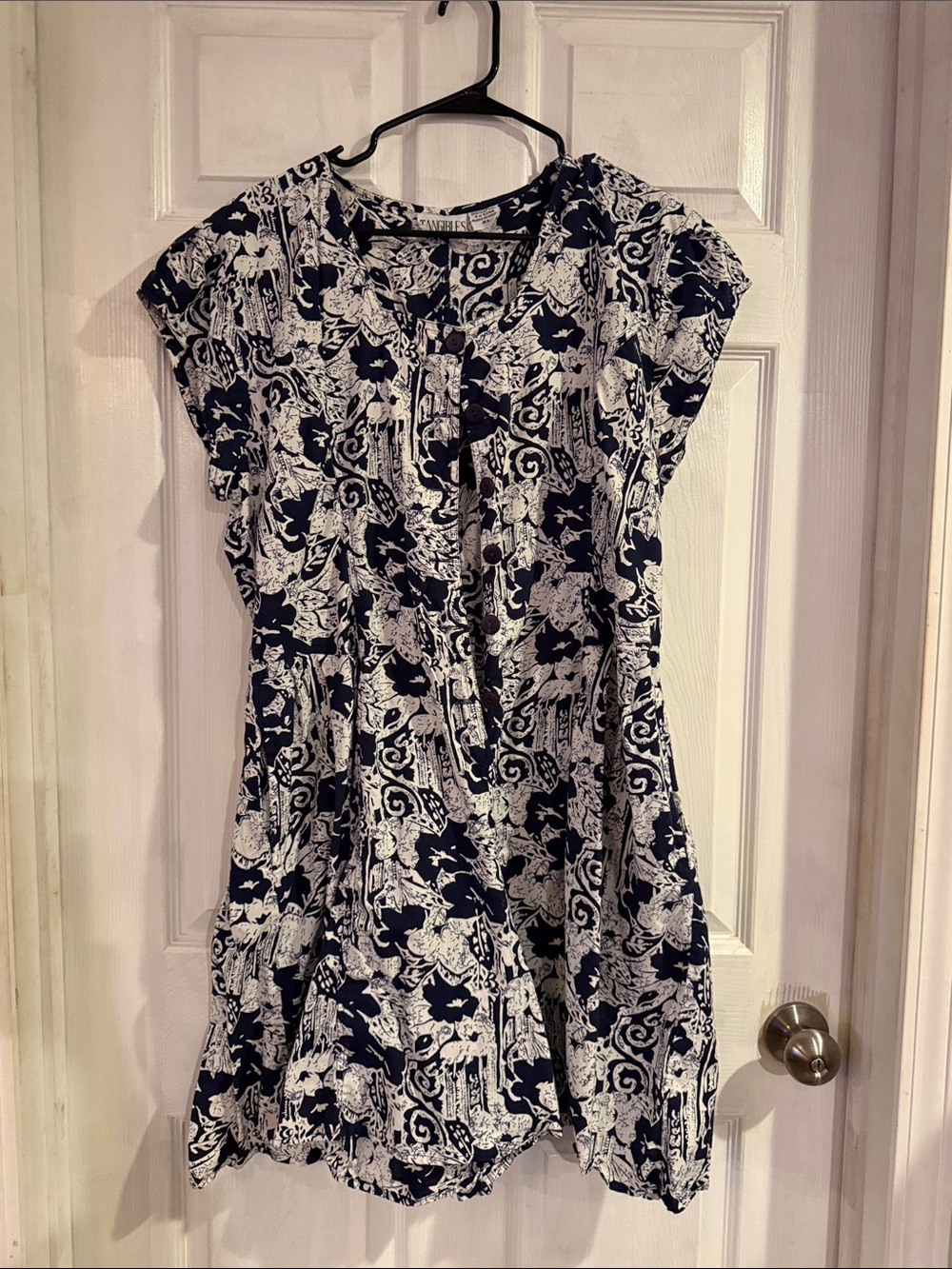 VINTAGE Women's Navy and White Print Button-Front Romper